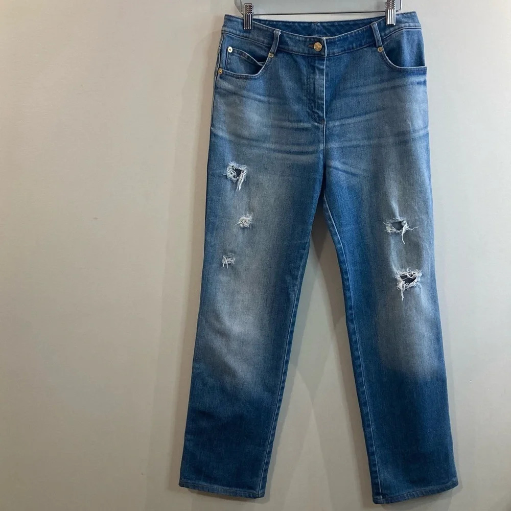 ST-JOHN Sz 8 Distressed Wiskering Mid-Wash Straight Leg Rosette on Pocket Jeans